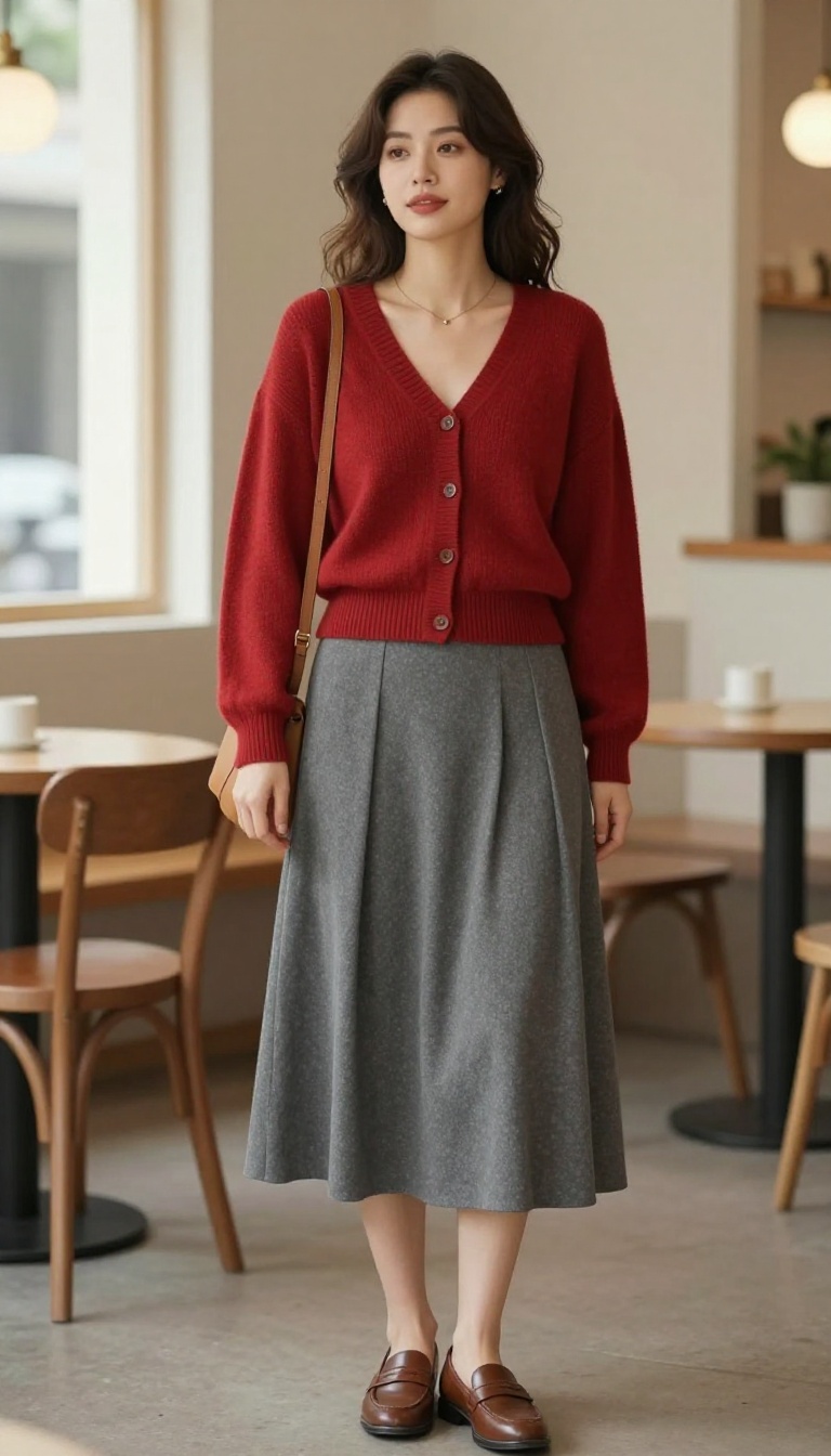 6. Red Cardigan with Pleated Midi Skirt