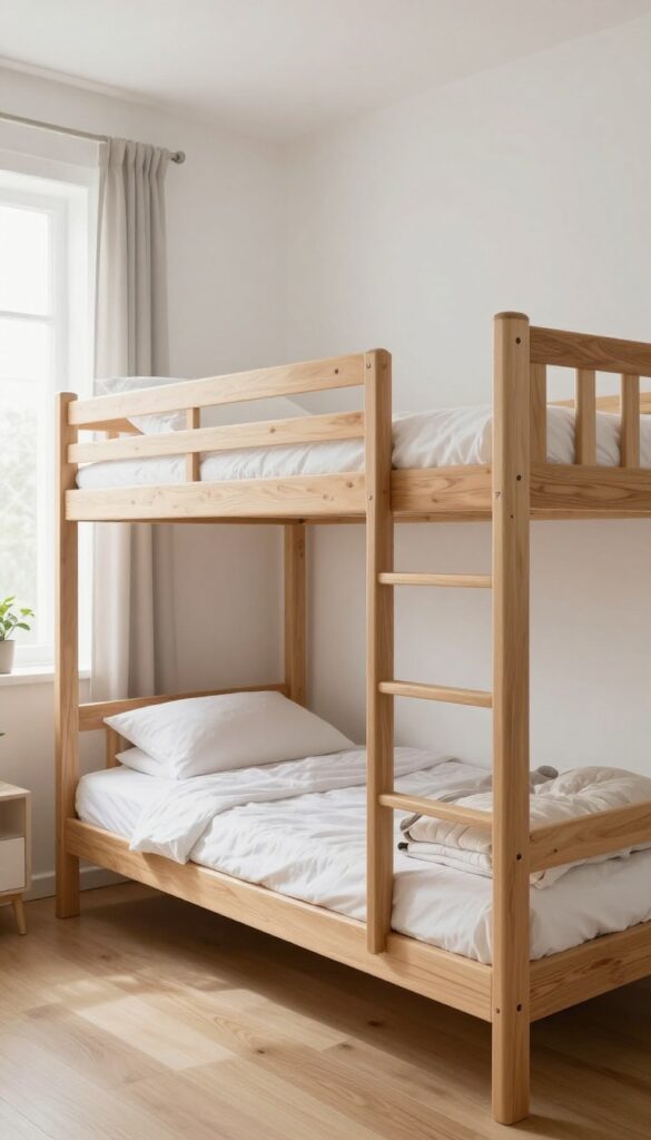 Bright small bedroom with a wooden double deck bunk bed featuring built-in under-bed storage drawers beneath the lower bunk, neatly organized with folded linens.