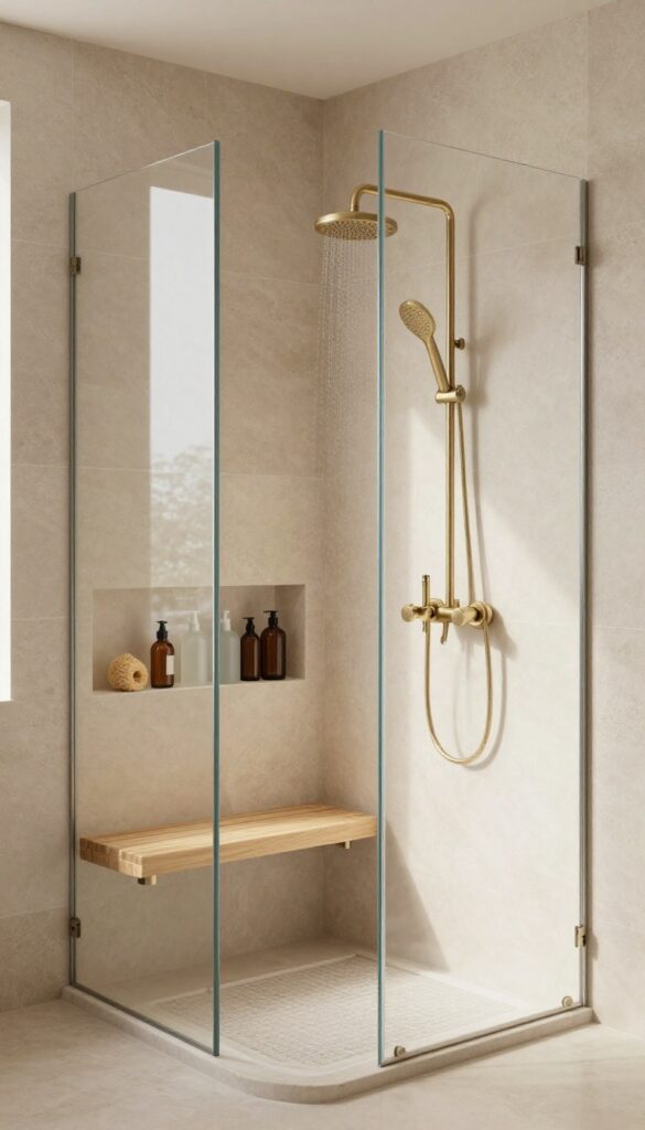 A bright, spa-like walk-in shower with a built-in stone-tiled niche holding neatly arranged unlabeled glass bottles and a loofah, framed by glass and brushed brass fixtures.