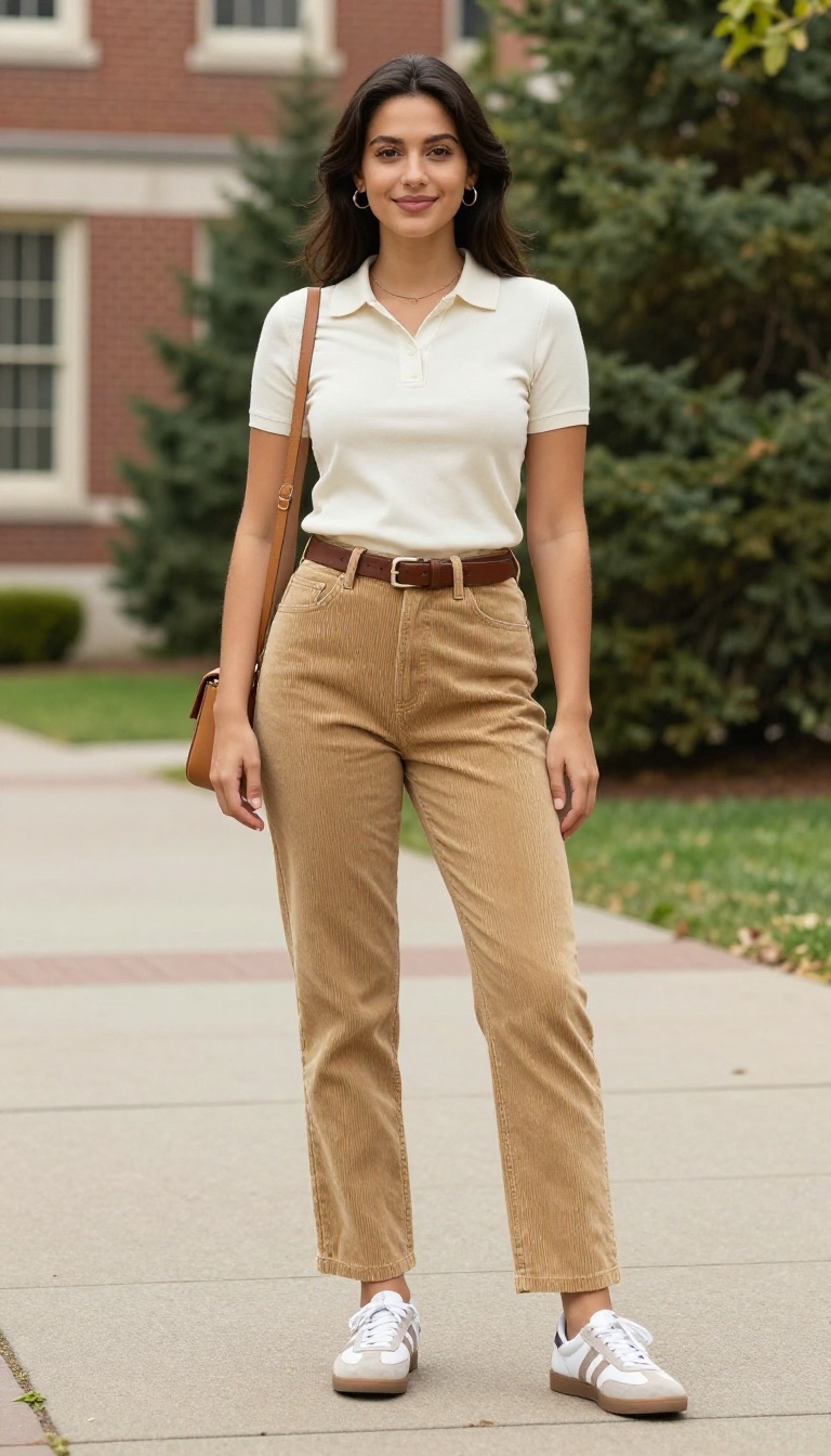 9. Corduroy Pants + Knit Polo + Retro Sneakers