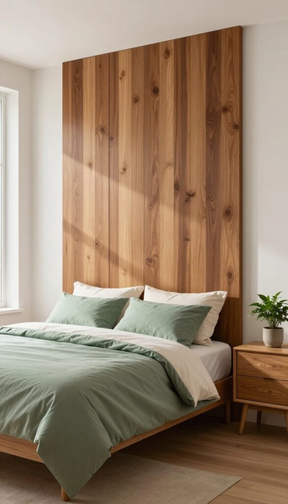 Bedroom with a warm brown vertical wooden panel accent wall behind the bed, sage green bedding, and a small green plant on a light wood nightstand in bright natural light.
