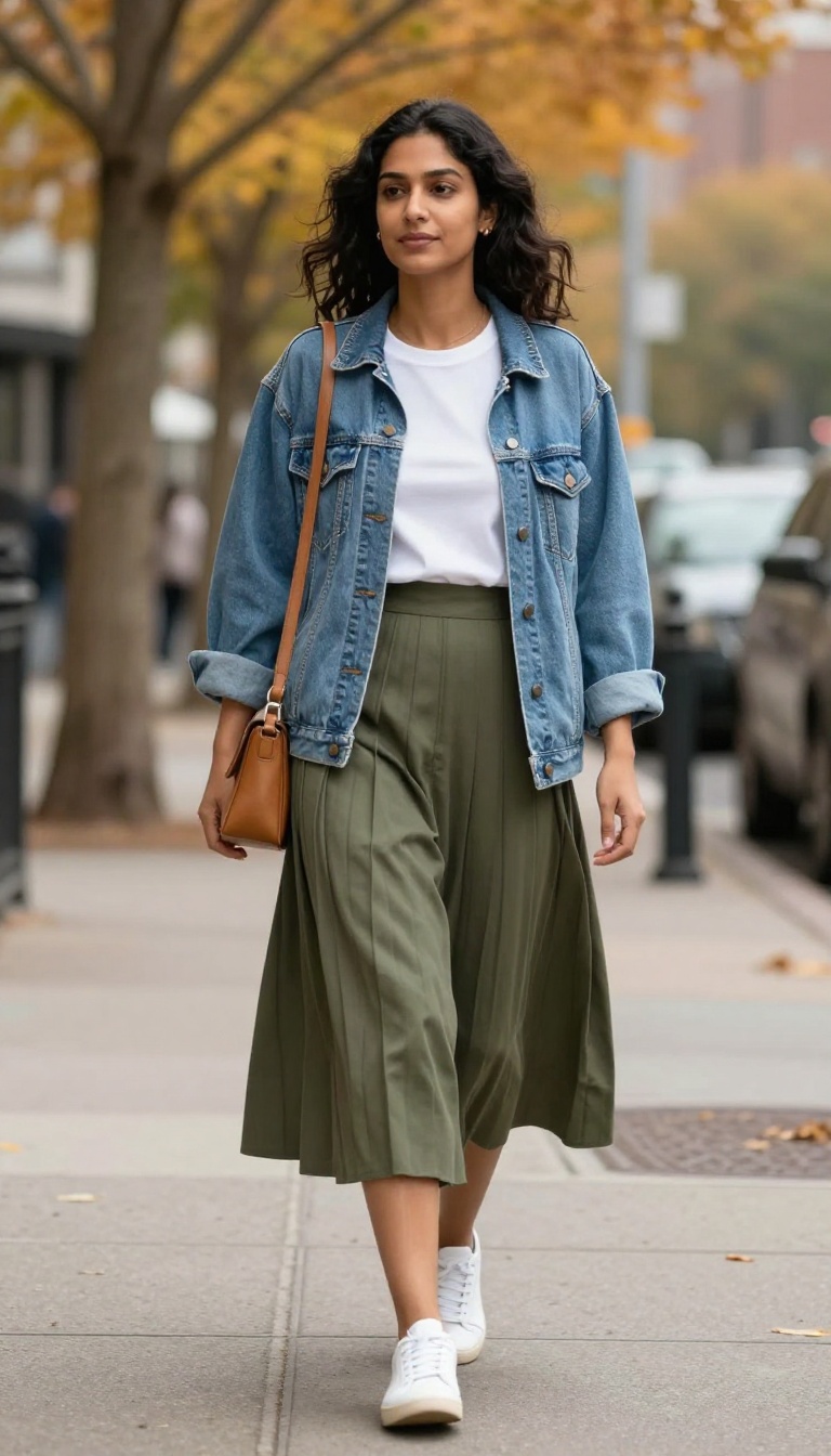 2. Olive Green Pleated Skirt and Denim Jacket