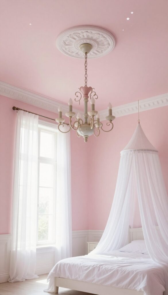 Bright princess-themed girls bedroom with a soft blush pink ceiling, sparse star decals, crown molding, and a pastel chandelier above a white canopy bed in natural light