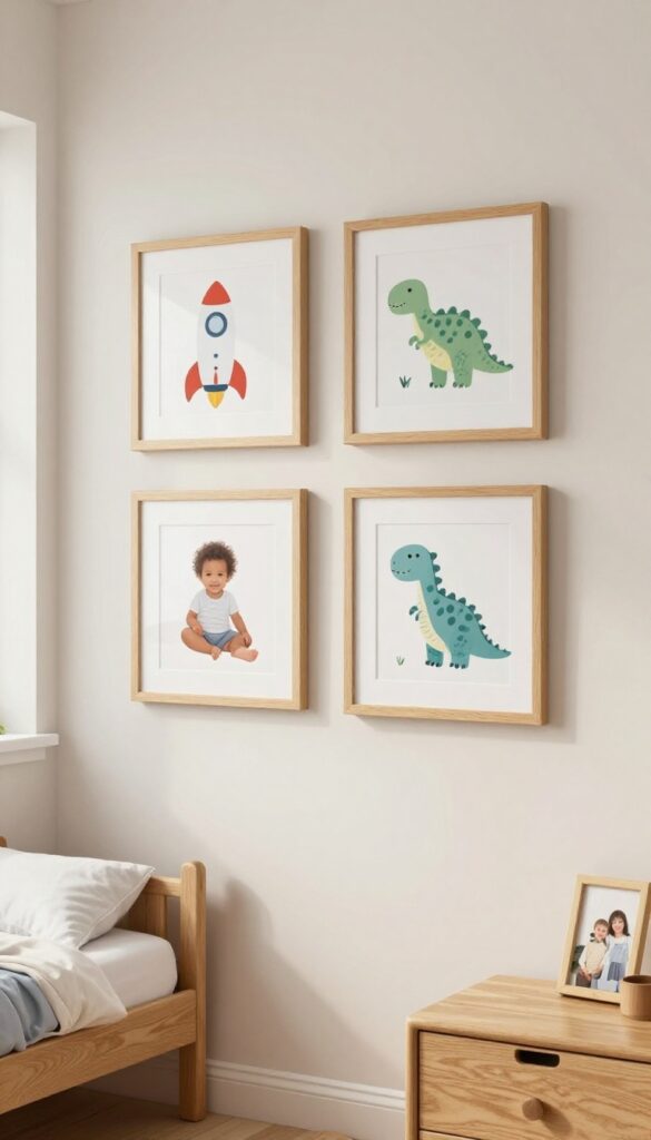 Toddler boy bedroom wall with a small gallery wall of playful framed animal and space art prints plus family photos in matching light wood frames, bright natural light, tidy Pinterest-style room