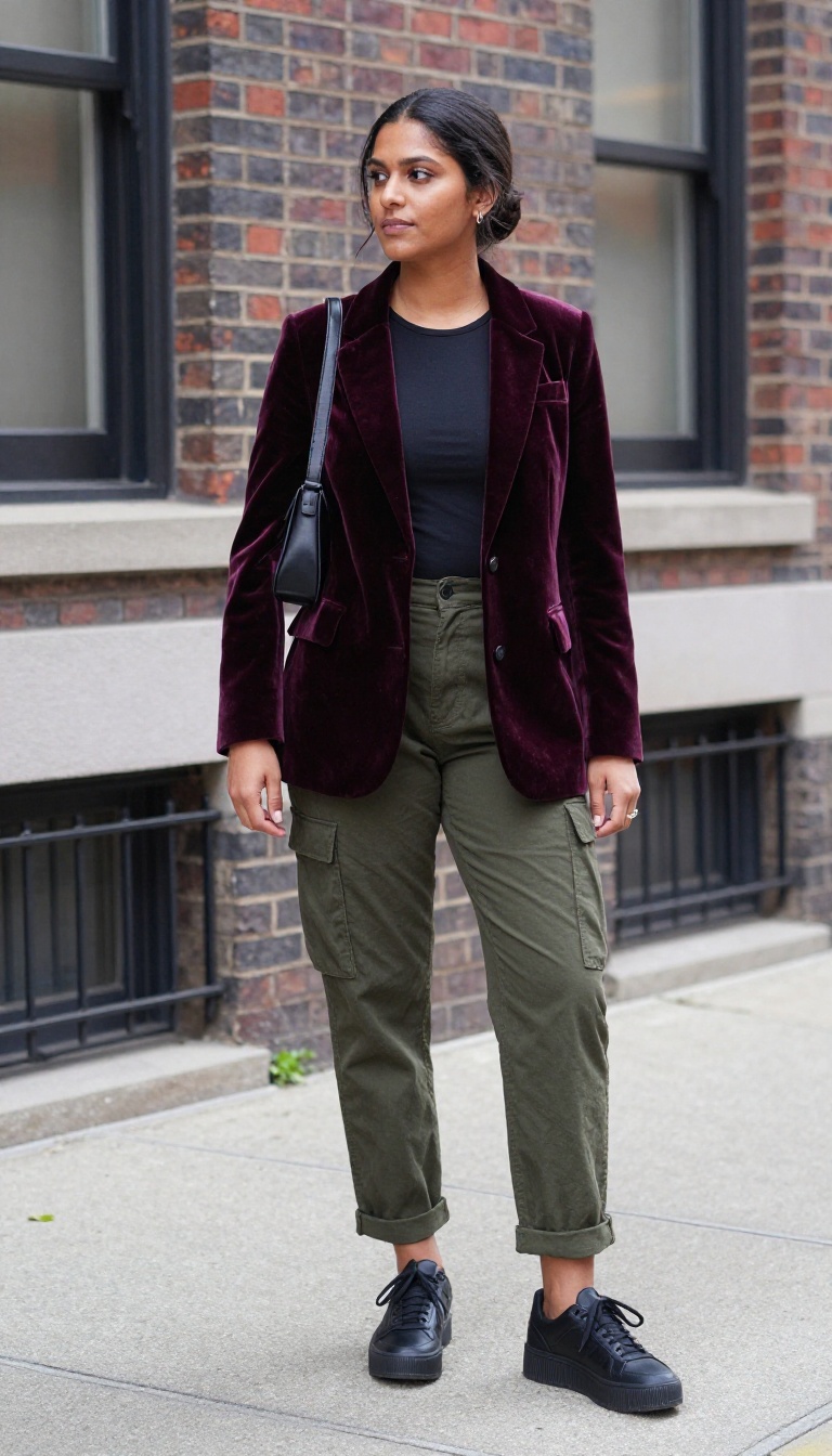 3. Velvet Underground: Dark Velvet Blazer + Cargo Pants
