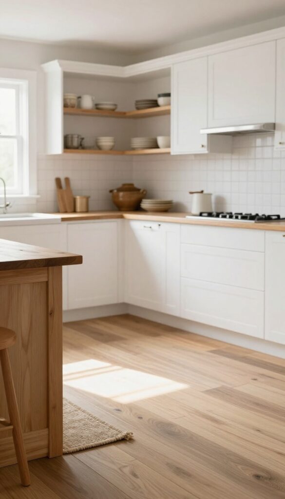 Bright farmhouse kitchen with freshly painted soft gray wood floors featuring subtle painted stripes and natural light