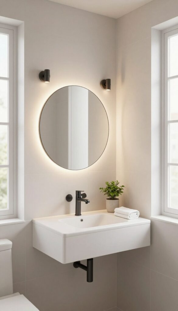 Small bathroom vanity with slim matte black wall sconces on both sides of a round mirror, glowing warm light and bright natural daylight.