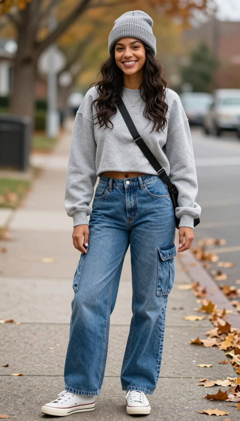 10. Cargo Jeans with a Cropped Sweatshirt and Beanie