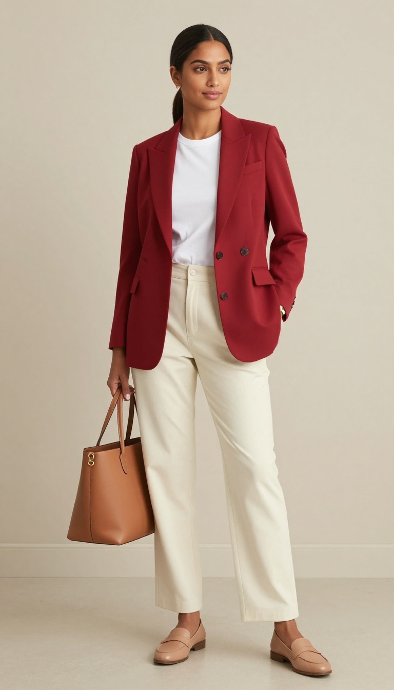 1. Tailored Red Blazer with Cream Trousers