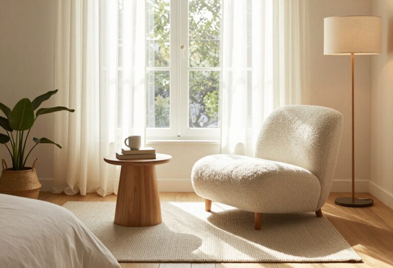 Cozy bedroom lounge corner with a boucle accent chair, side table, floor lamp, and soft rug in bright natural light