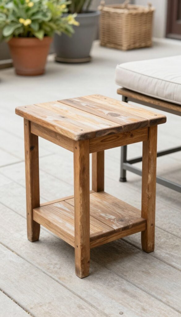 Repurposed wooden indoor side table sealed for outdoor use on a bright deck, styled with weather-resistant cushion and mixed textures