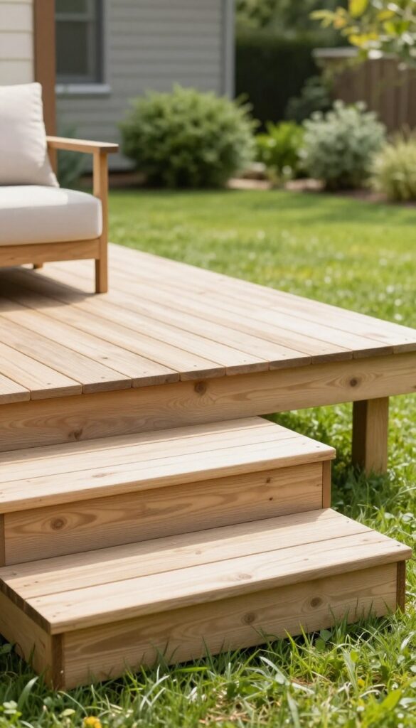 Low raised wooden patio platform with a single step and simple stairs in a sloped front yard, surrounded by lawn and shrubs in bright natural light