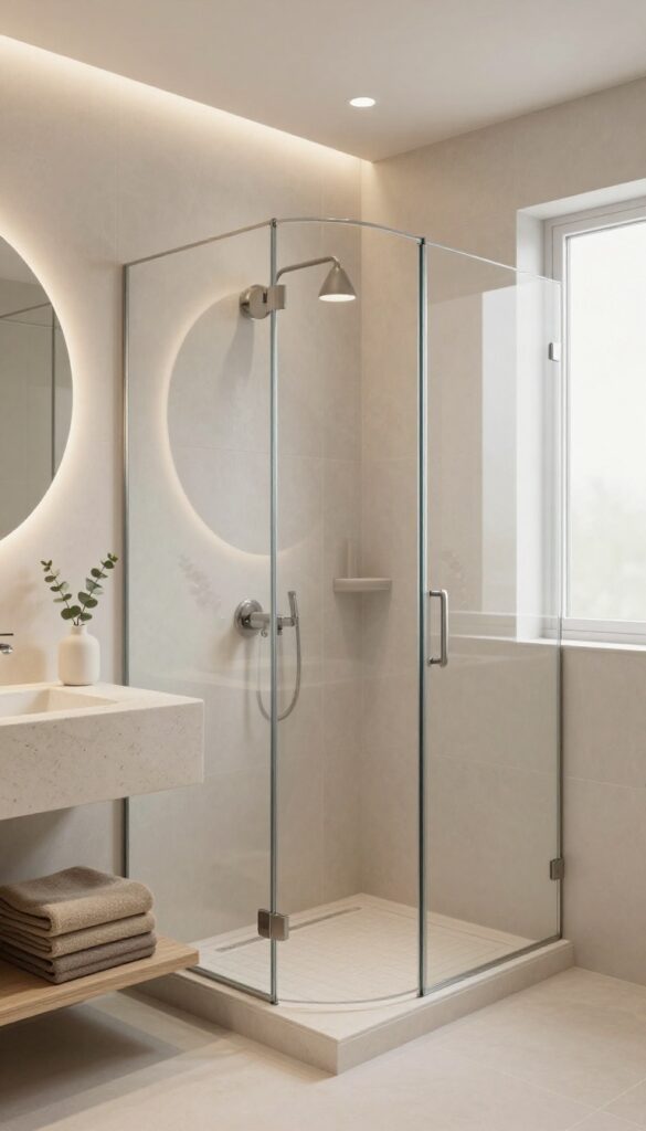 Modern walk-in shower bathroom with soft neutral beige and warm gray tones, frameless glass, floating vanity, and warm layered LED lighting.