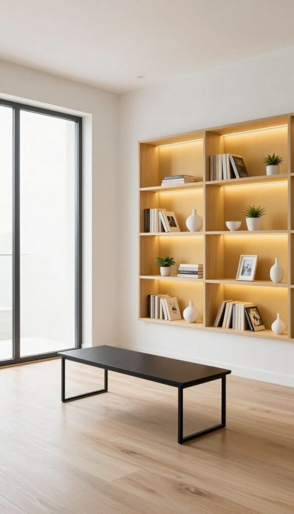 Bright living room with built-in shelves painted warm golden yellow on the back panels, styled with books, white ceramics, a plant, and a framed photo in natural light