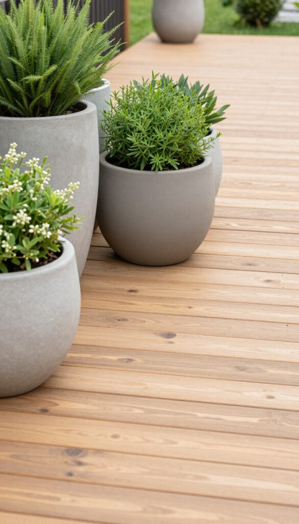 Wooden backyard deck framed by large neutral planters filled with healthy greenery, arranged in intentional groups along the deck edge under bright natural light