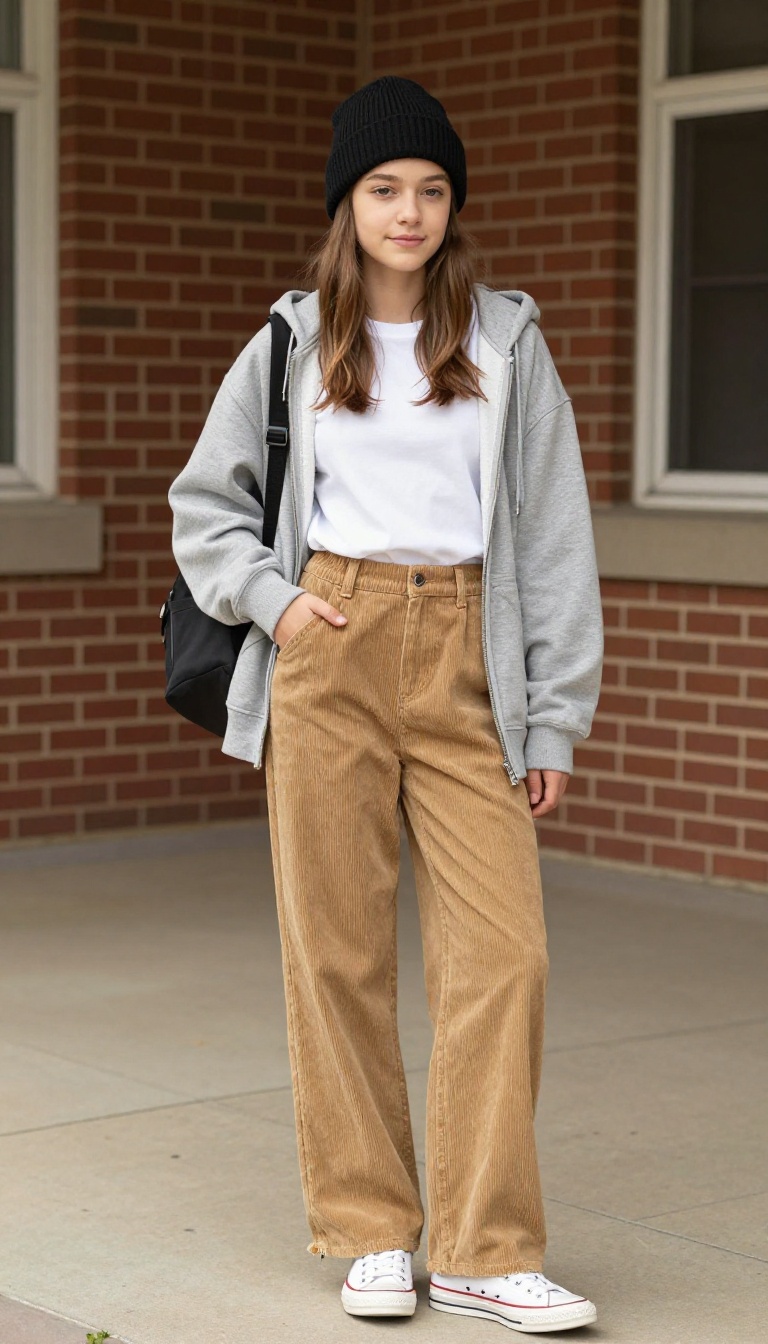 7. Corduroy Pants + Baby Tee + Converse