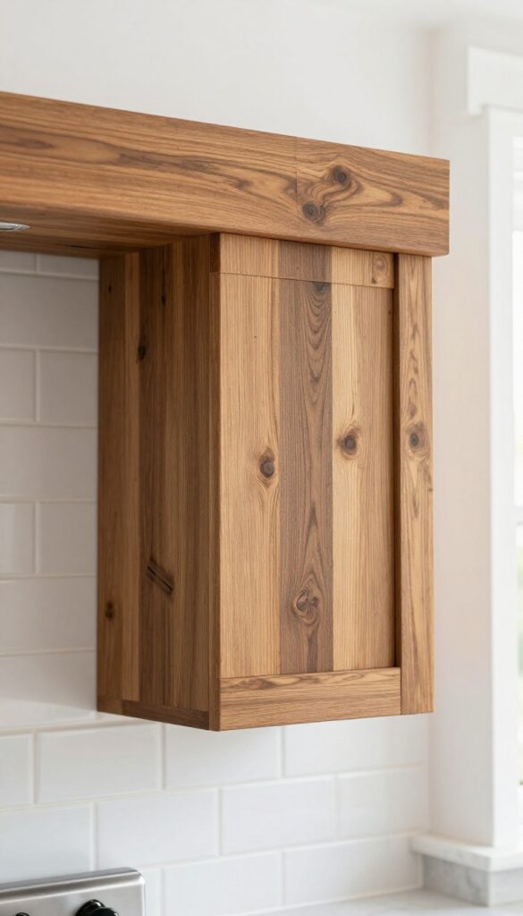 Rustic wood beam vent hood cover made of stained reclaimed wood planks above a stainless steel range in a bright, lived-in kitchen