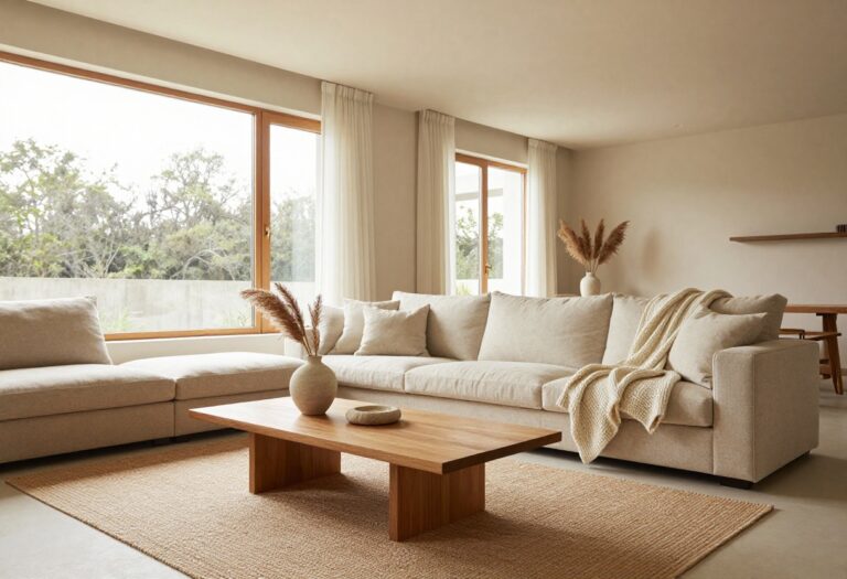 Bright organic modern living room with a neutral linen sofa, layered natural textures, and warm natural light