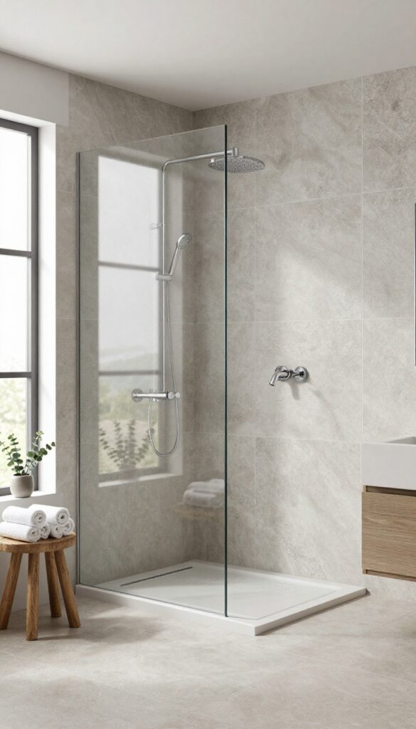 Modern bathroom shower with a tiled half wall and a built-in bench seat in matching gray stone tile under bright natural light