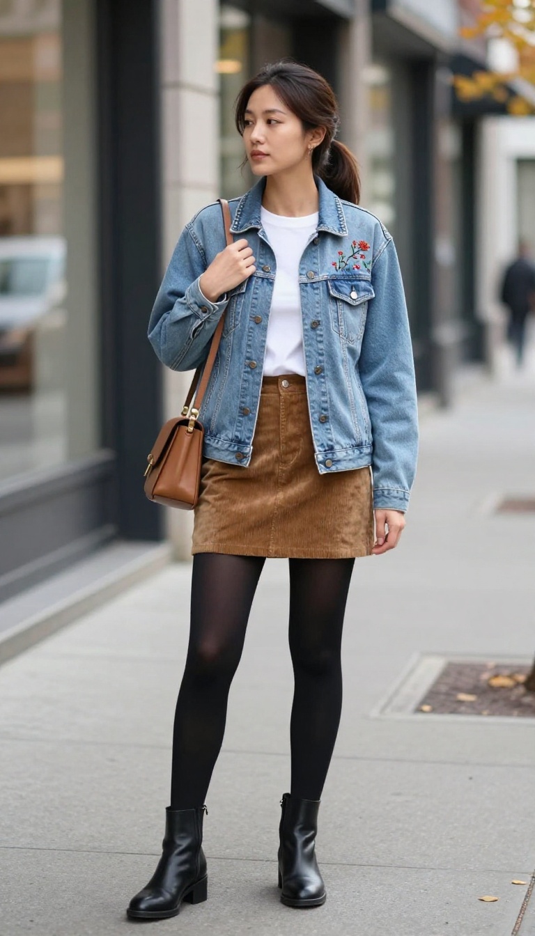 13. Embroidered Jean Jacket with a Corduroy Mini Skirt and Tights