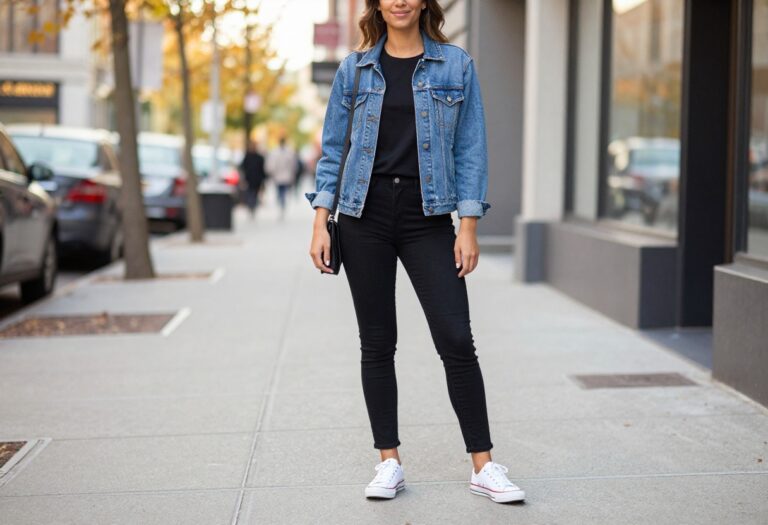 Woman wearing a denim jacket and black jeans with white sneakers, standing on a city sidewalk in autumn.
