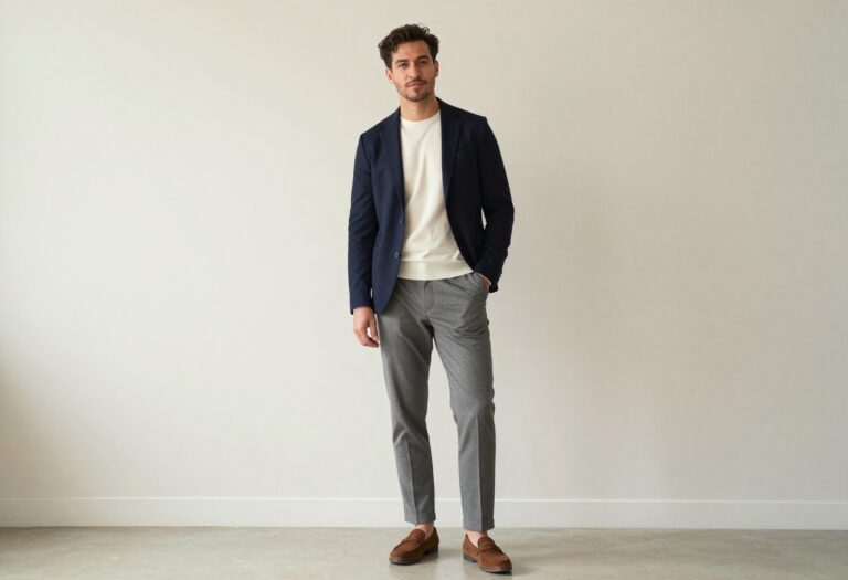 Man in navy blazer and grey trousers with suede loafers in a bright living room
