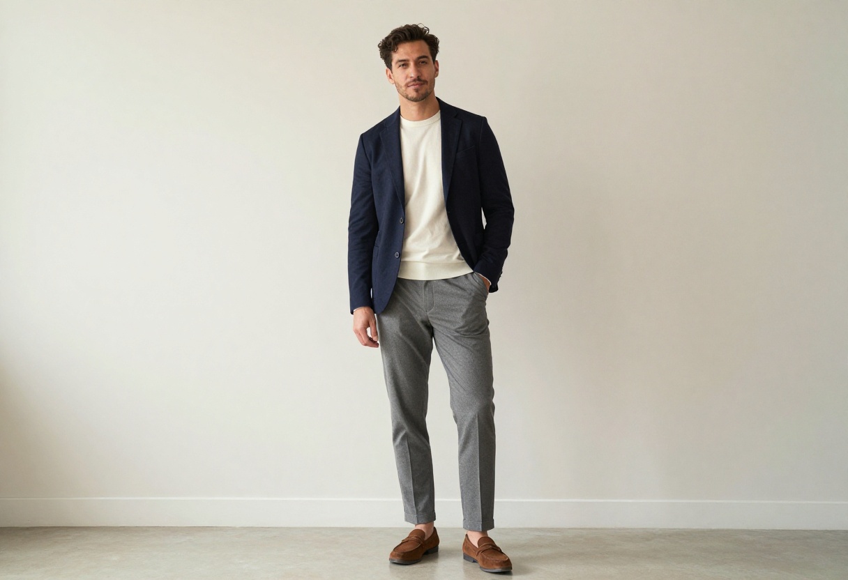 Man in navy blazer and grey trousers with suede loafers in a bright living room