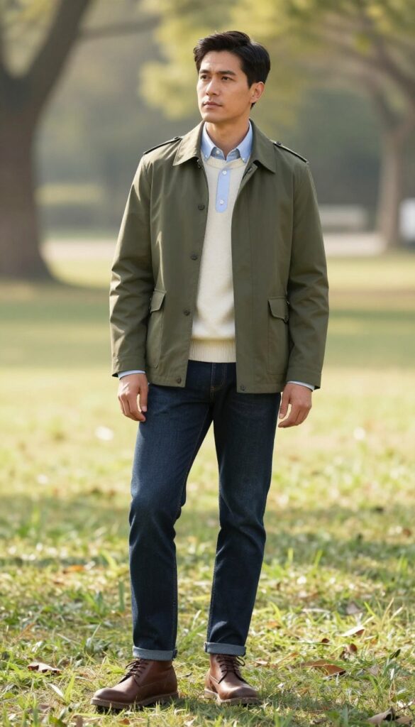 Man in tailored olive field jacket, light blue oxford shirt, and slim jeans with leather chukka boots, standing in a sunlit field.