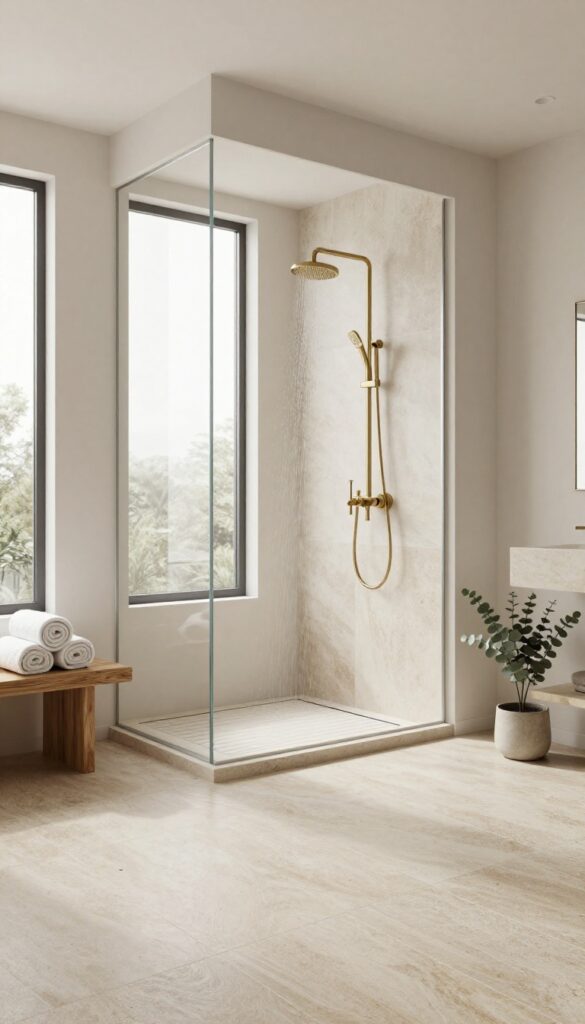 Bright open walk-in shower with no door, featuring a curbless tiled floor and a nearly invisible linear drain along the wall