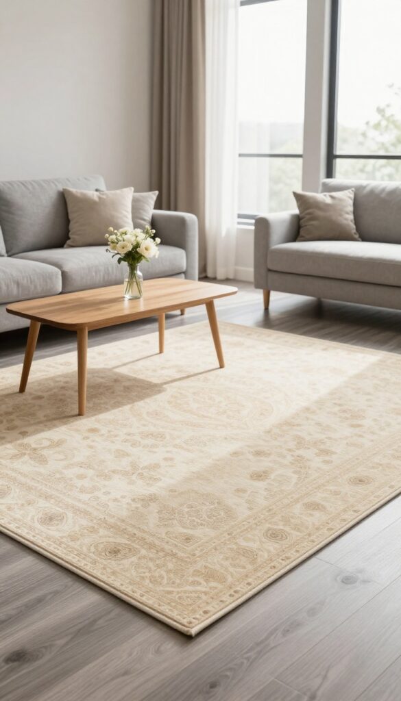 Cozy living room with grey floors and a large warm cream patterned rug anchoring the seating area under bright natural light