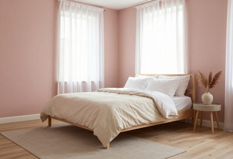 Cozy bedroom with a soft blush pink accent wall behind a bed dressed in cream linen bedding and white pillows, lit by warm natural light