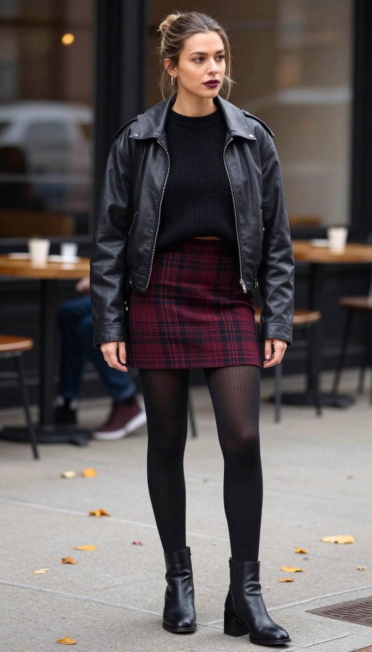 2. Deep Burgundy Plaid Mini with a Cropped Knit and Tights