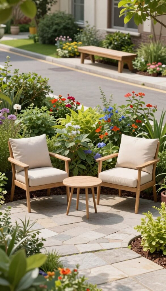 Small front yard garden seating nook with two neutral cushioned chairs, a tiny round table on pavers, and surrounding flower beds in bright natural light