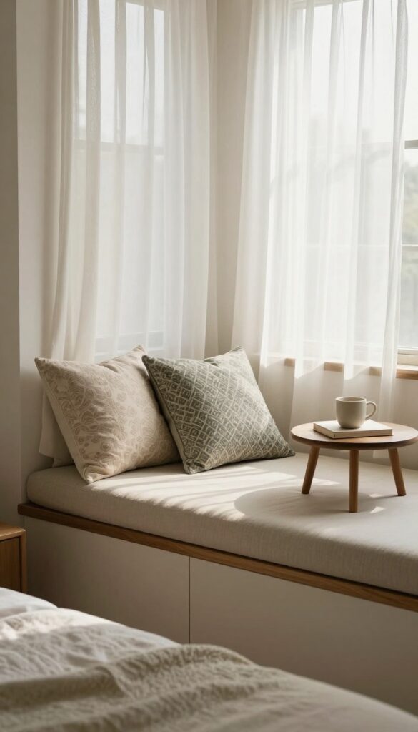 Bright bedroom window seat lounge corner with a cushioned bench, patterned throw pillows, and a small side table in natural light