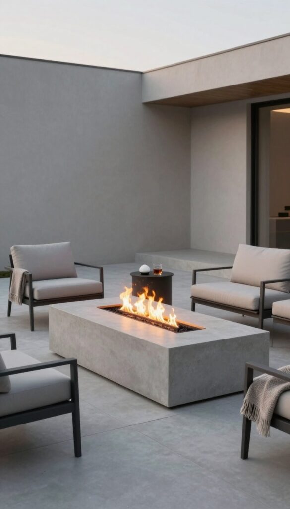 Modern concrete fire pit with minimalist lounge chairs on a clean neutral patio at dusk