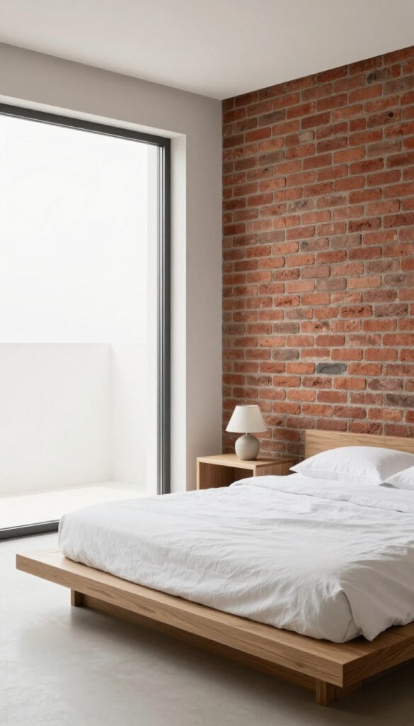 Minimalist bedroom with an exposed brick wall, low platform bed with white bedding, and a single wooden side table in bright natural light