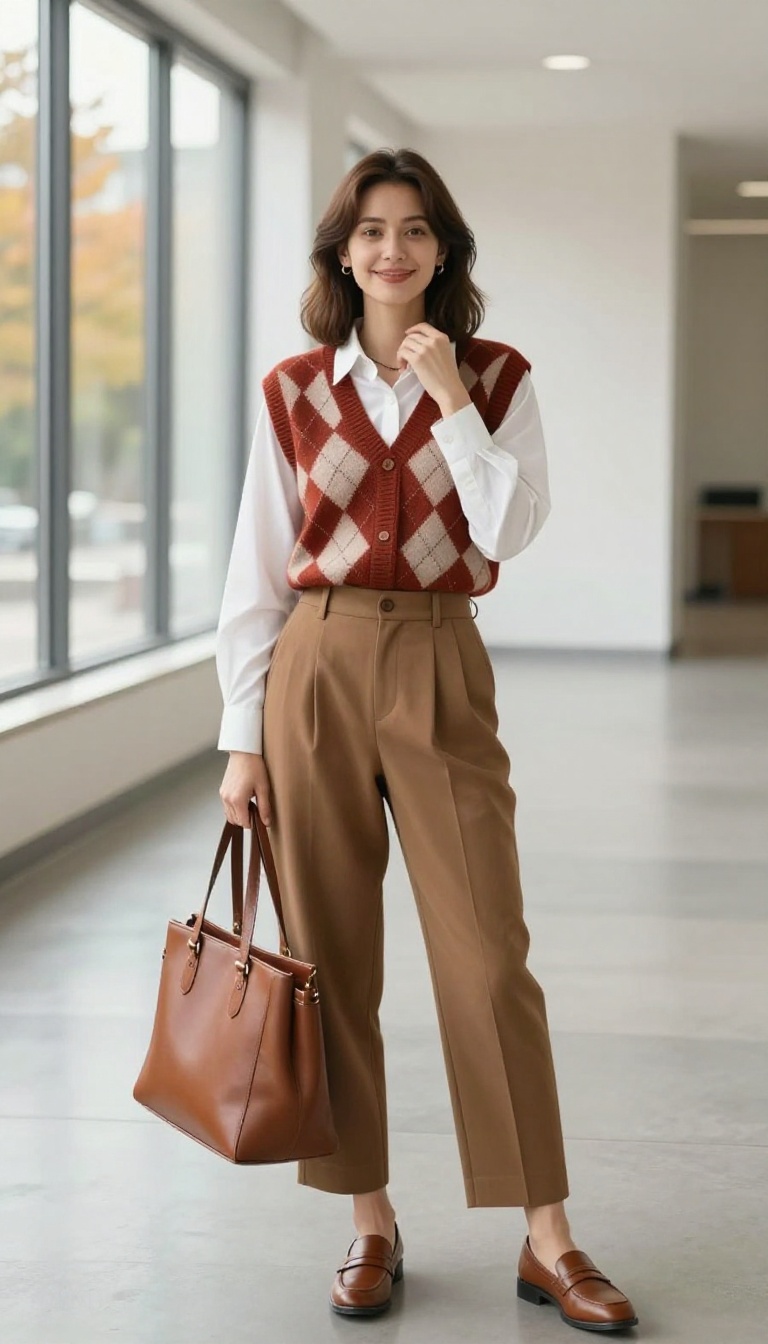 13. Knit Vest + Button-Down Shirt + Pleated Trousers
