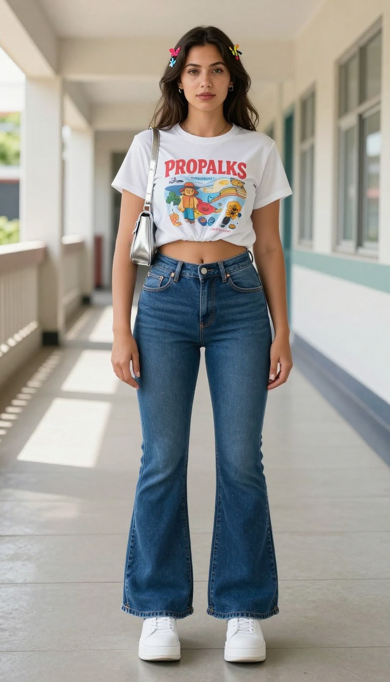 1. Low-Rise Flare Jeans + Graphic Baby Tee