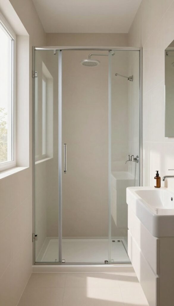 Bright narrow bathroom with a clear glass shower door that makes the small long space feel open and modern