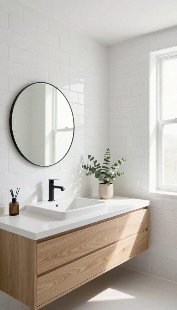 Bright bathroom with glossy white subway tile stacked vertically from vanity to ceiling, floating wood vanity, round mirror, and natural light