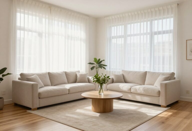 Bright living room with a sofa pulled off the wall and chairs arranged into a cozy conversation zone, showing how a quick furniture layout refresh can transform the space