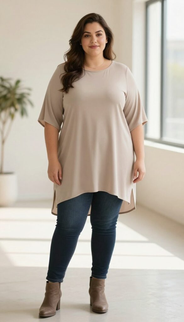 Plus-size woman wearing a flowy tunic top with slim jeans and ankle boots in a bright casual date night outfit
