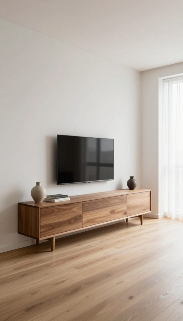 Minimalist low-profile walnut media console with handle-less drawers beneath a wall-mounted TV in a bright modern living room with tall ceilings and plenty of negative space