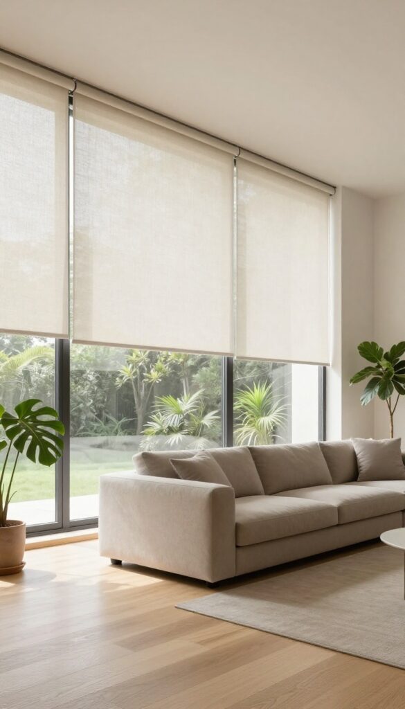 Modern living room with high windows covered by sleek motorized neutral roller blinds, softly filtering bright natural light over a minimalist sofa and plants