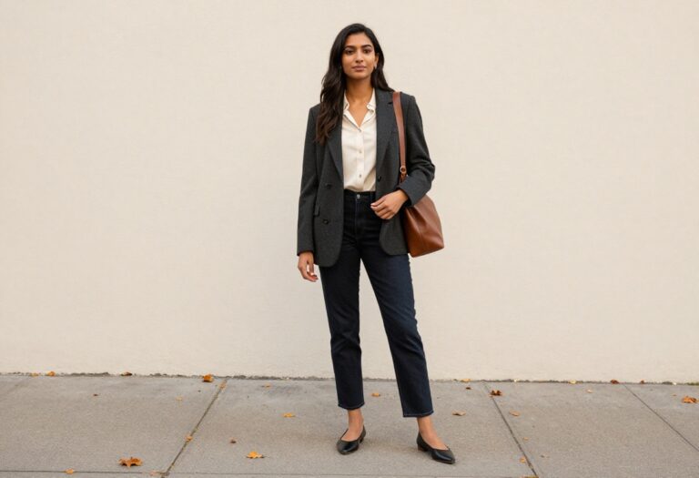 Young woman in a charcoal blazer, cream blouse, and dark straight-leg jeans standing on an autumn city sidewalk with a leather tote bag