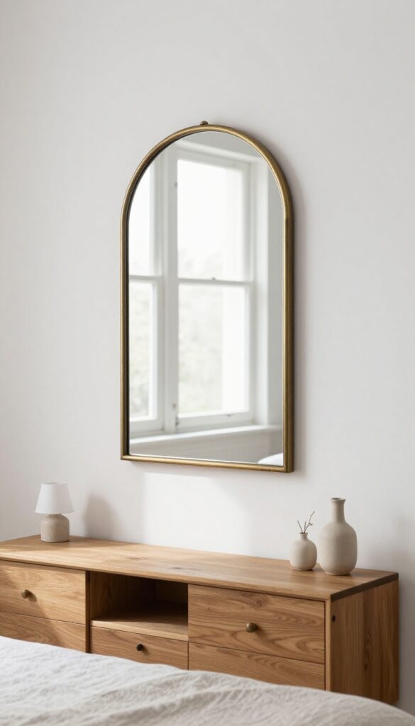 Bright modern bedroom with an arched brass vintage-inspired mirror above a wooden dresser styled with a small ceramic lamp and a single vase.
