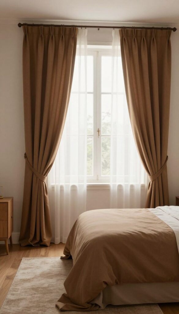 Cozy bedroom with warm brown curtains hung high above a window behind the bed, softly framing the space in bright natural light