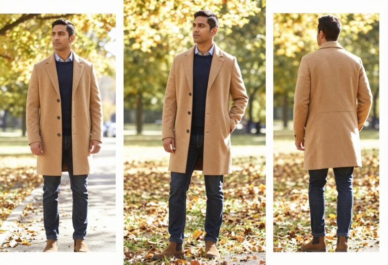 Man in camel overcoat and dark denim standing in autumn park