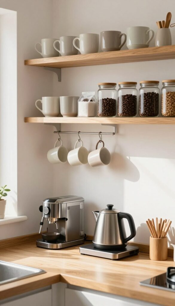 Bright kitchen corner coffee and tea station with wooden shelves holding mugs, glass jars of coffee beans and tea, and a coffee maker on the counter below