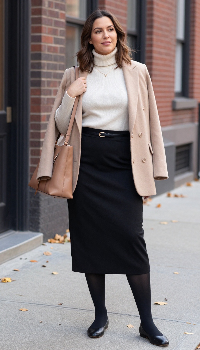 8. Turtleneck and A-Line Skirt for Work